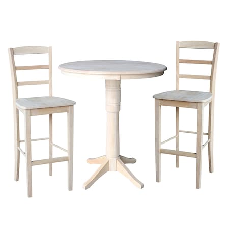 International Concepts Round 36 in Rd Pedestal Bar Height Table, 2 Madrid Bar Height Stools, Unfinished, 36 in W, 36 in L K-36RT-27B-S403-2